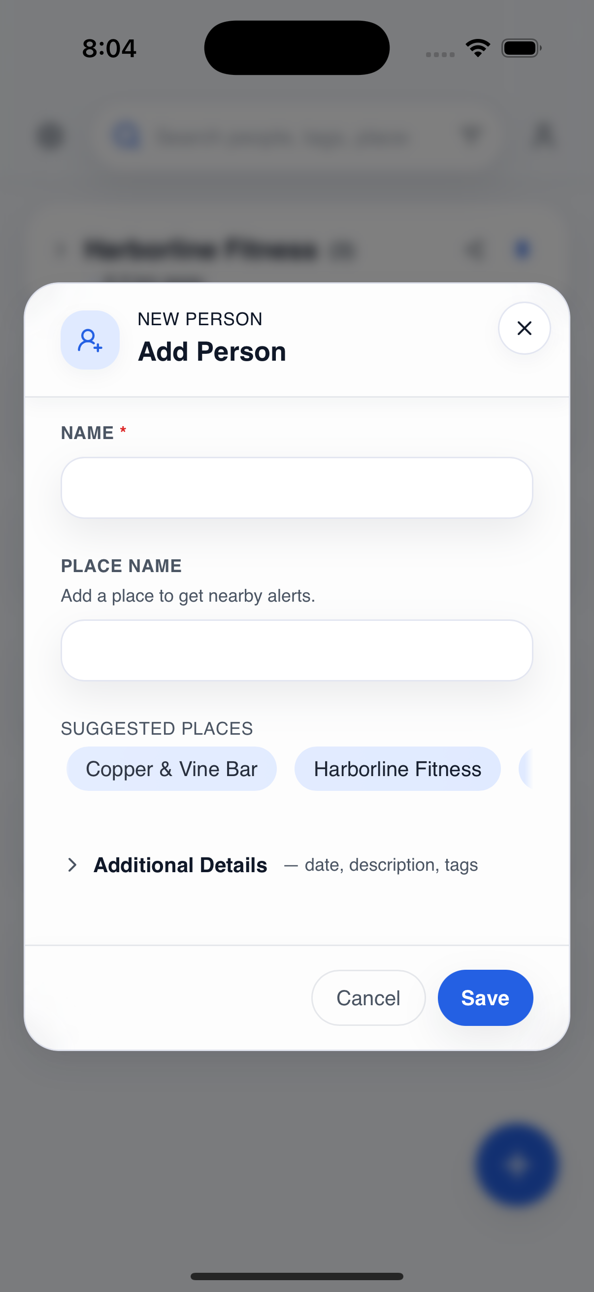 Add Person form with name, place, and additional details