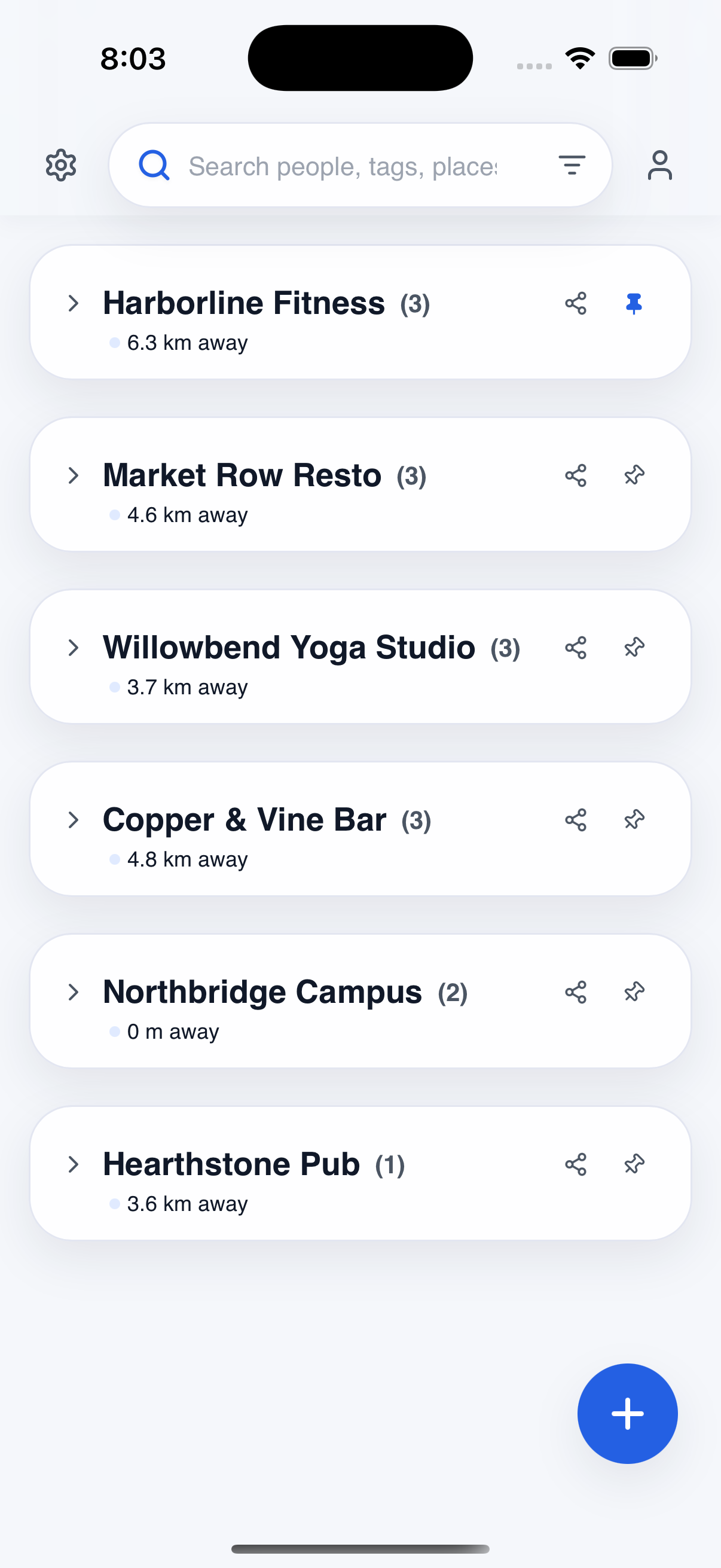 MetHere place list showing saved places with people counts and distances