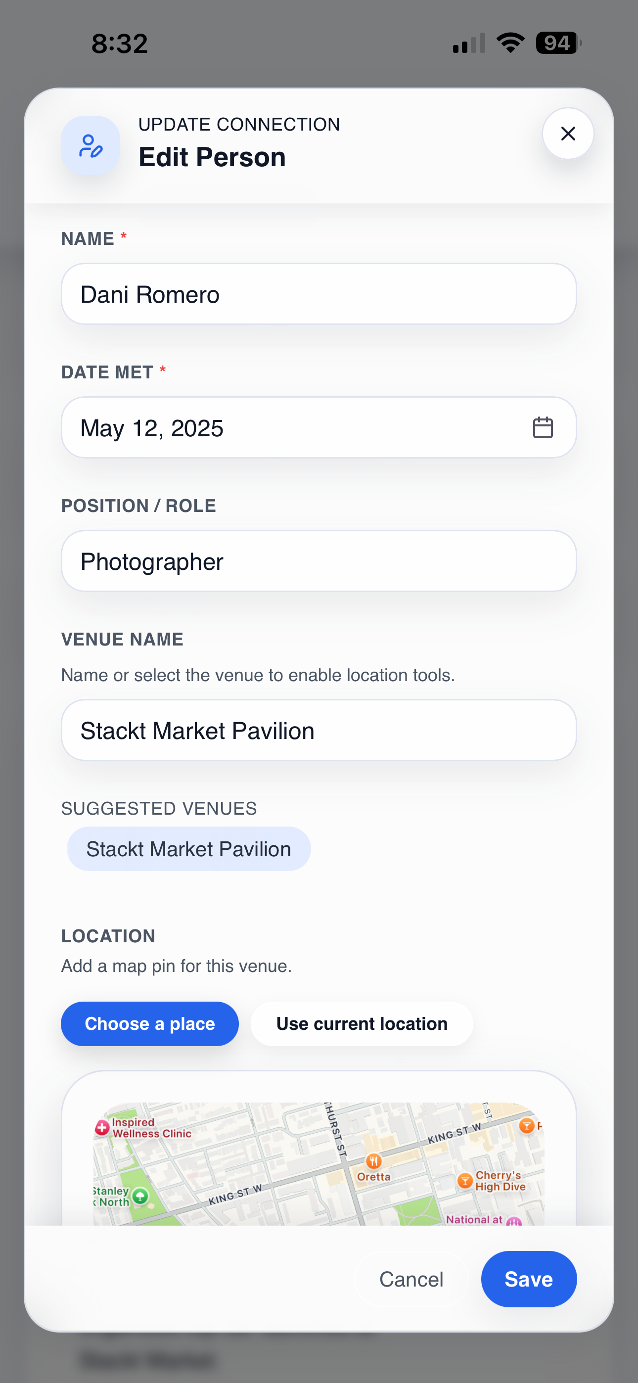 Edit person screen with venue and map tools