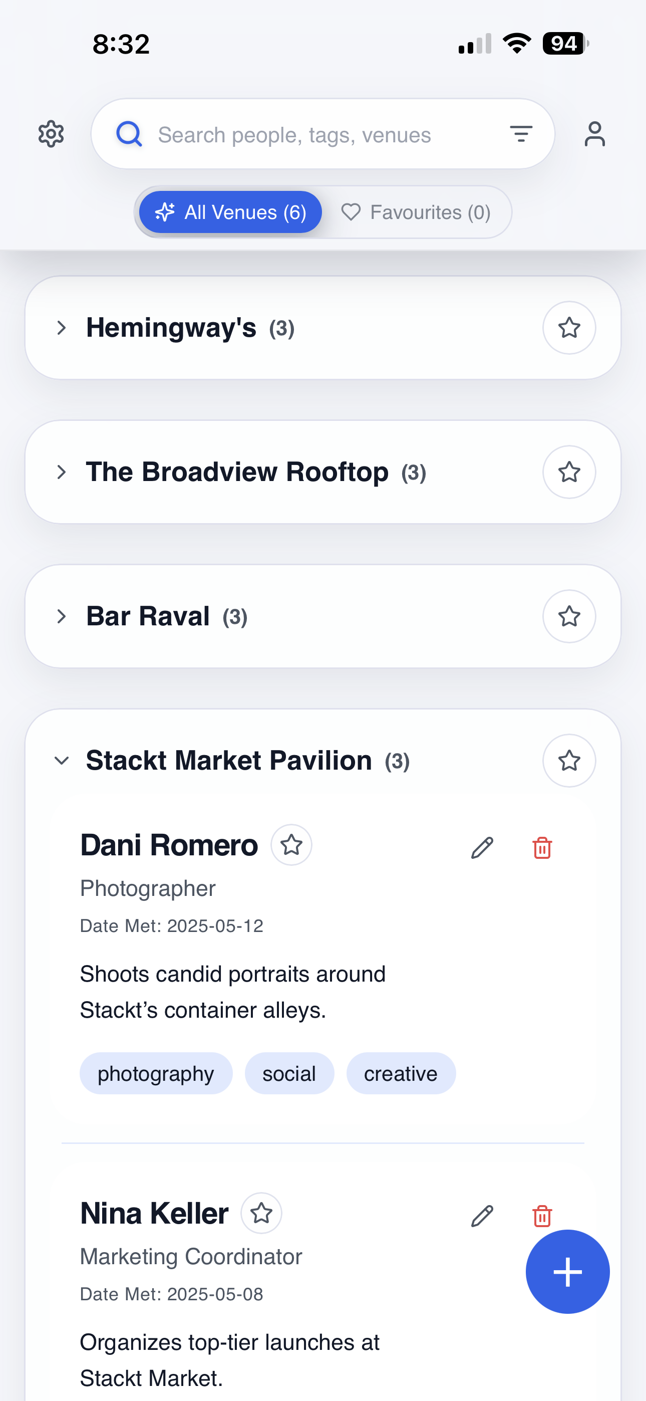 Venue list with people grouped by location