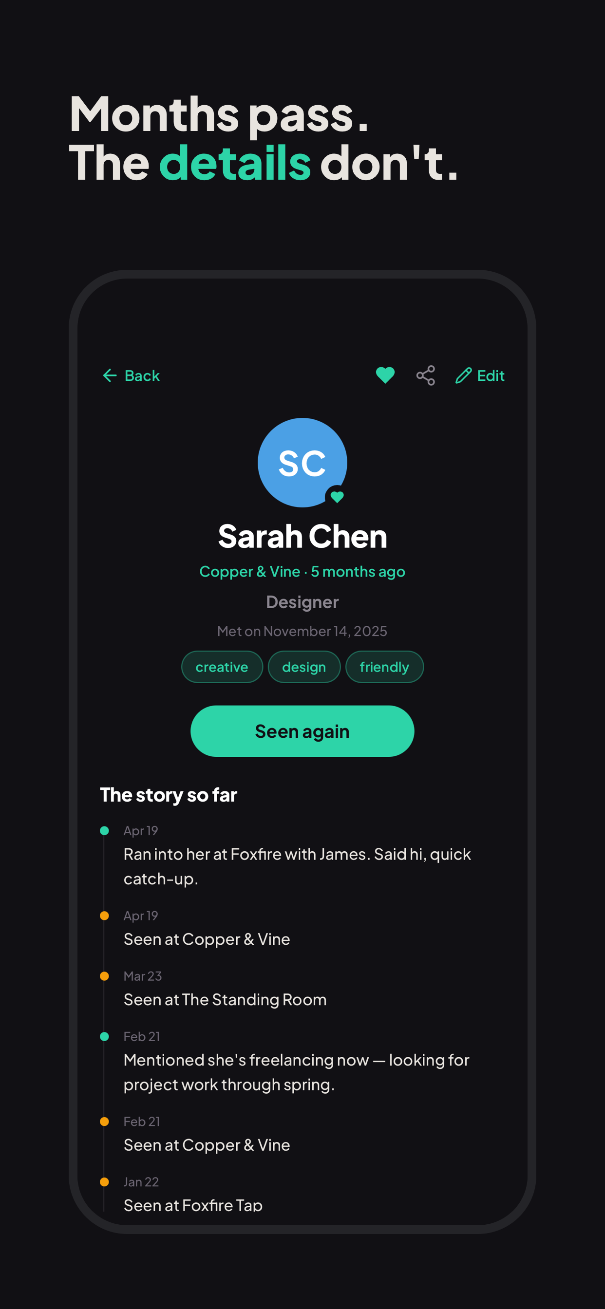 MetHere person detail screen showing name, place, and notes