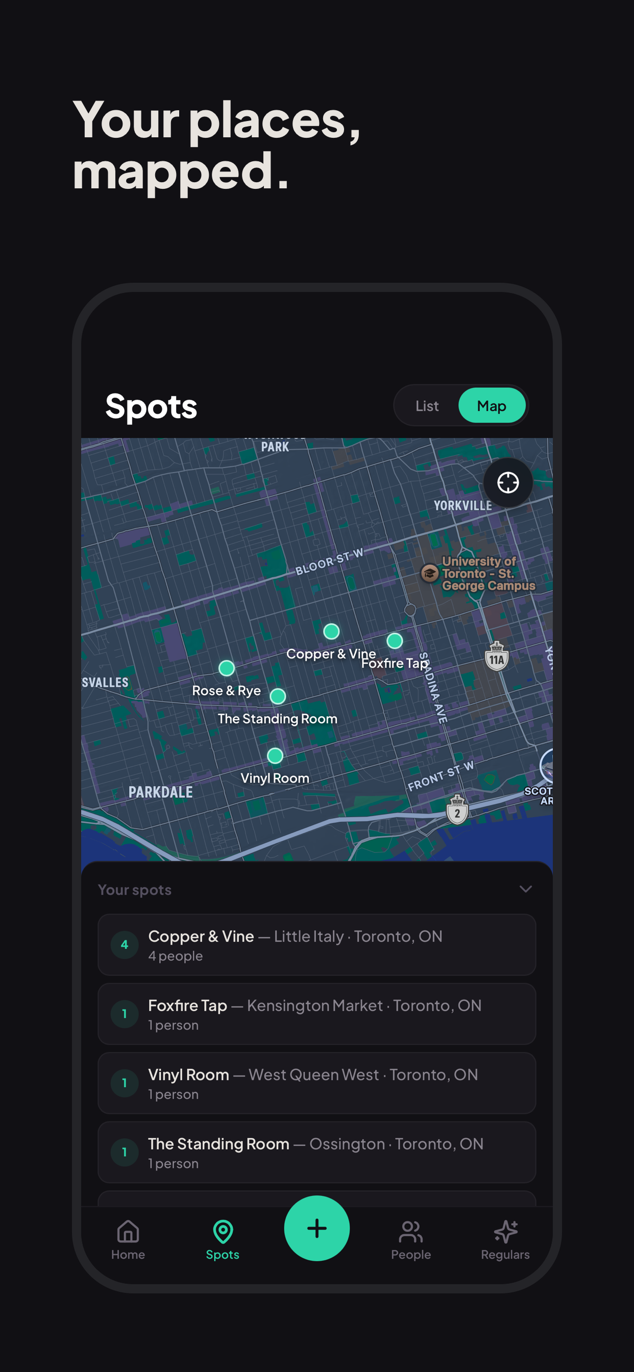MetHere map view showing pinned places where you've met people